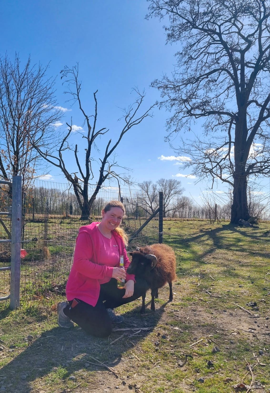 Almut Salzmann mit einem Schaf auf Allys kleiner Farm